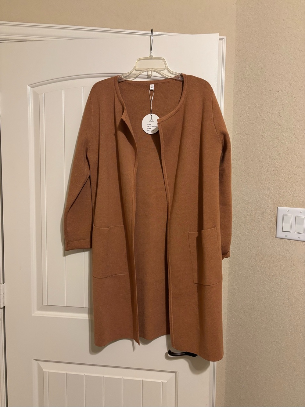 Long Open-Front Cardigan in Camel Brown